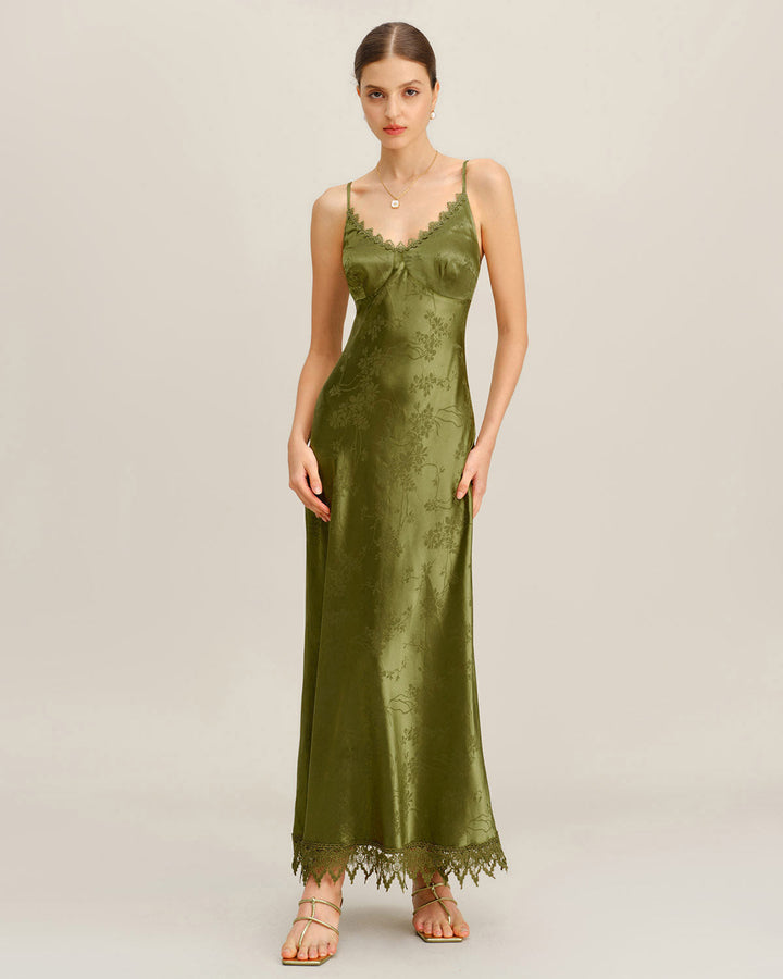 SALE | Green Jacquard Corset Slip Maxi Dress