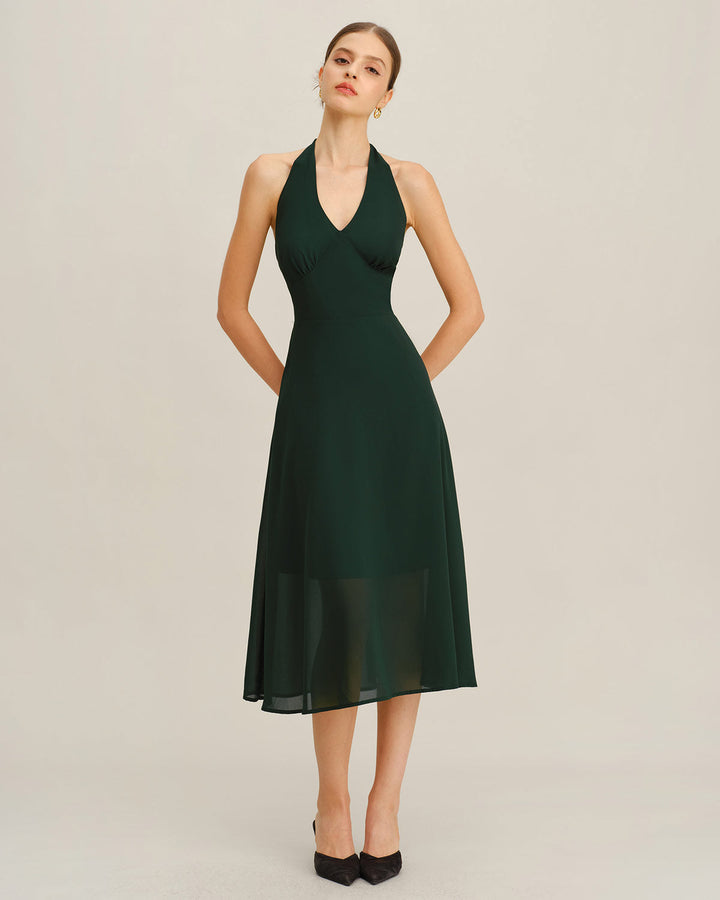 SALE | Green Chiffon A-Line Halter Midi Dress