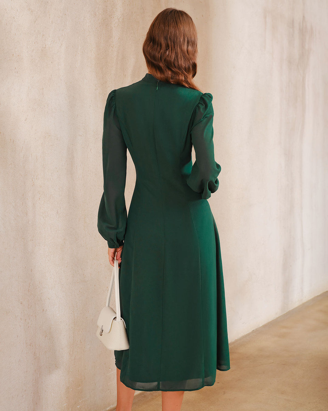 SALE | Green Chiffon Mock Neck A-Line Midi Dress