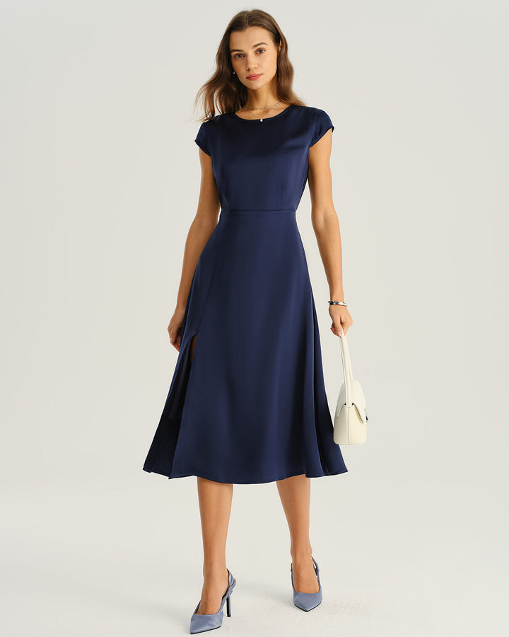 SALE | Navy Satin Cut Out Slit Midi Dress