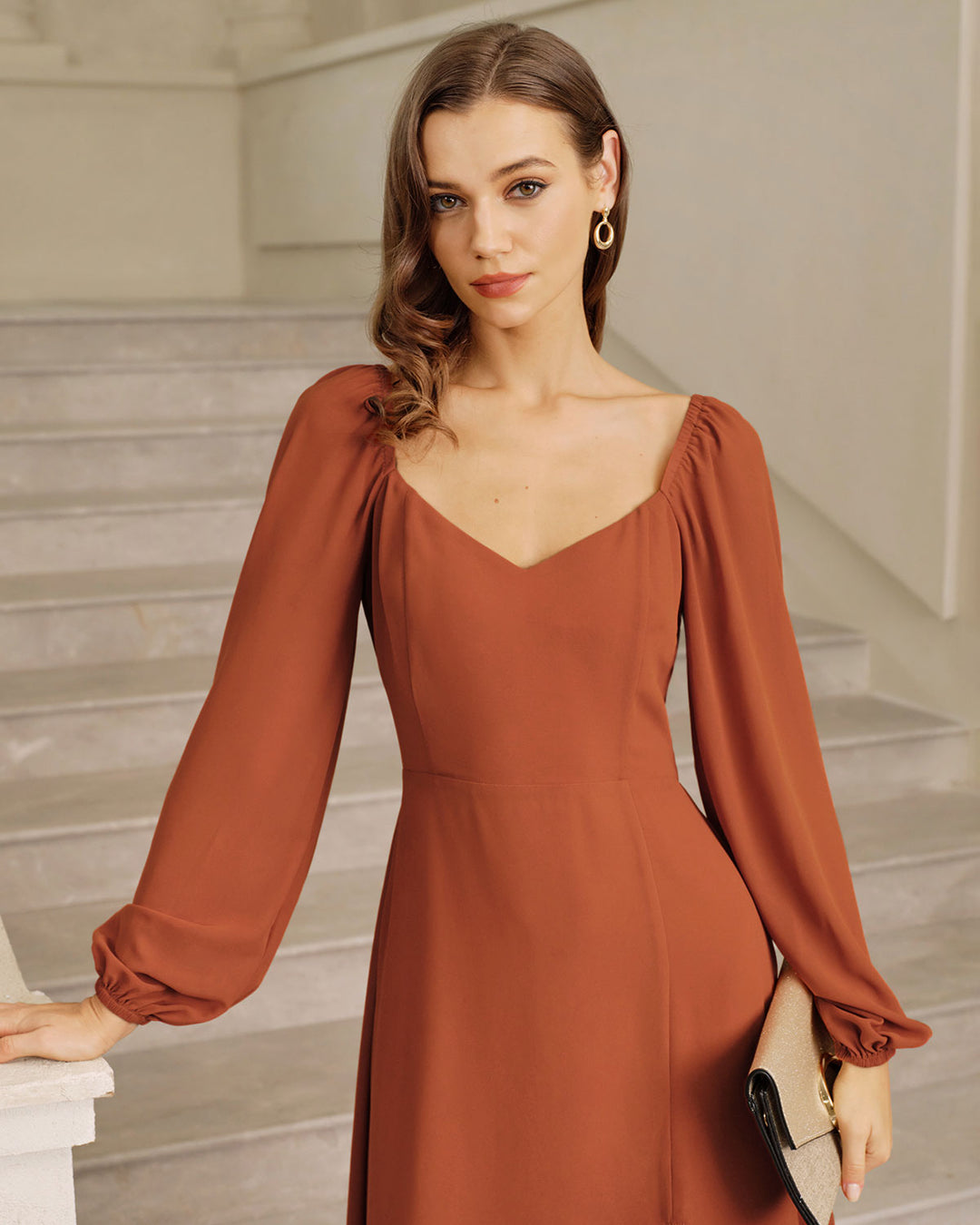 SALE | Red Puffed Sleeve Slit Midi Dress