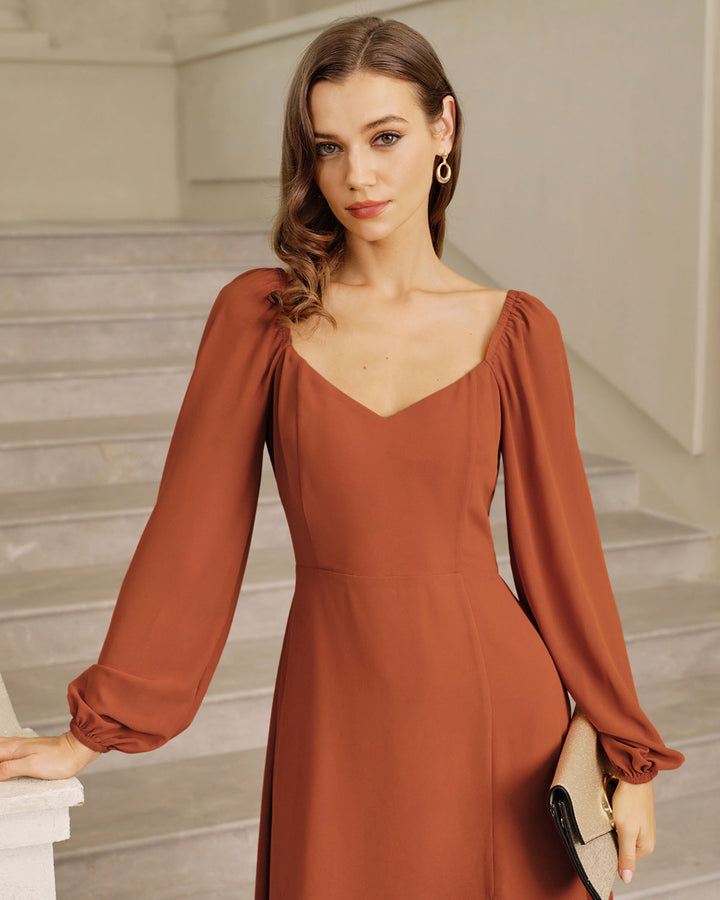 SALE | Red Puffed Sleeve Slit Midi Dress