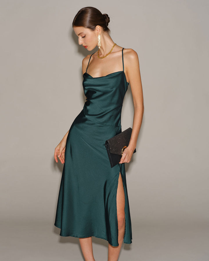 SALE | Green Satin Cowl Neck Slip Midi Dress