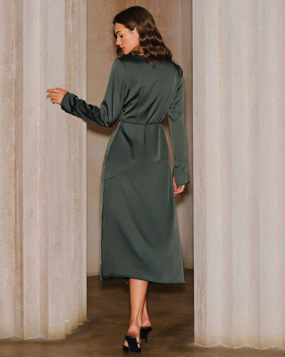 SALE | Green Satin Cowl Neck Slit Midi Dress