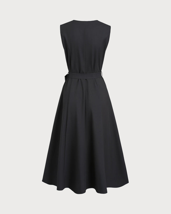 SALE | Black V Neck Belted Sleeveless Midi Dress