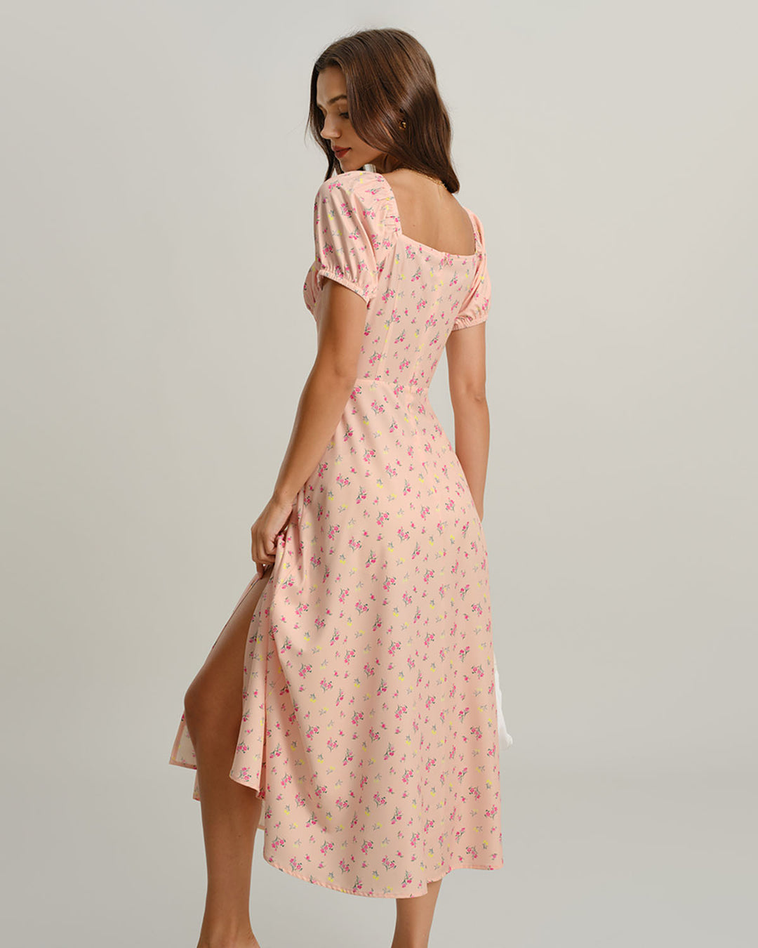 SALE | Pink Floral Square Neck Puffed Sleeve Midi Dress