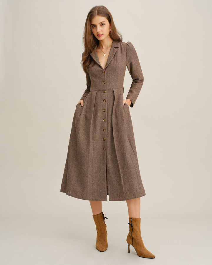 SALE | Brown A-Line Pleated Midi Dress