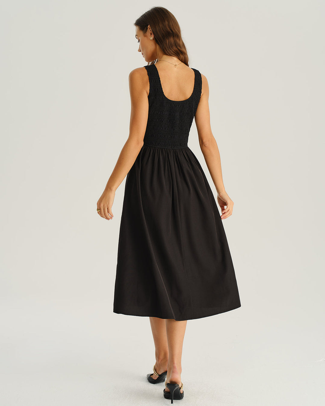 SALE | Black Shirred Sleeveless Midi Dress