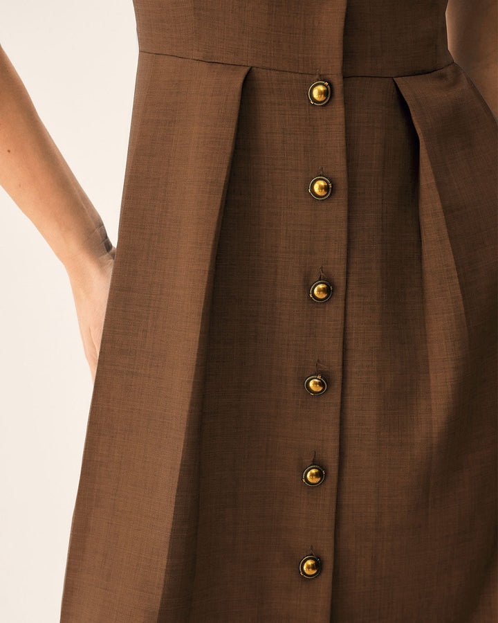 SALE | Brown Pleated A-Line Midi Dress