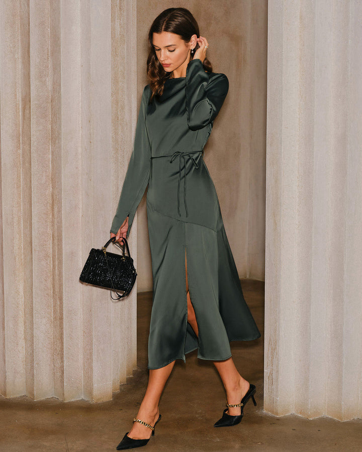 SALE | Green Satin Cowl Neck Slit Midi Dress
