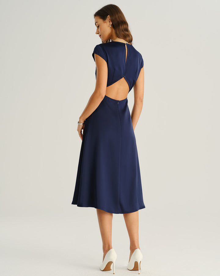 SALE | Navy Satin Cut Out Slit Midi Dress