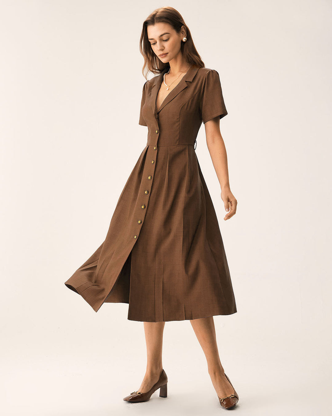 SALE | Brown Pleated A-Line Midi Dress
