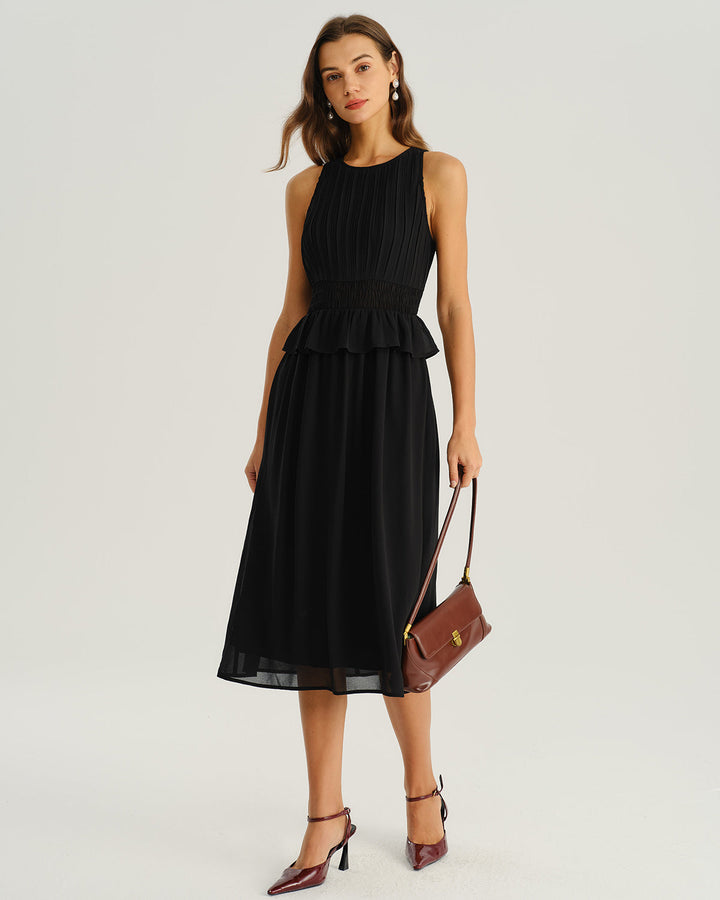 SALE | Black Round Neck A-Line Sleeveless Midi Dress