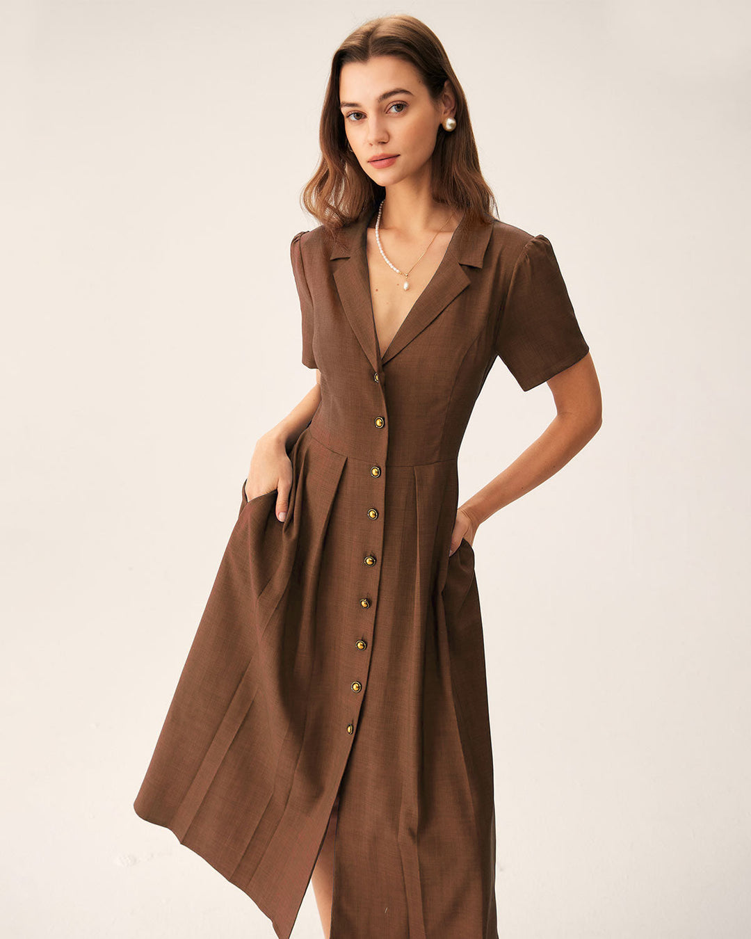 SALE | Brown Pleated A-Line Midi Dress