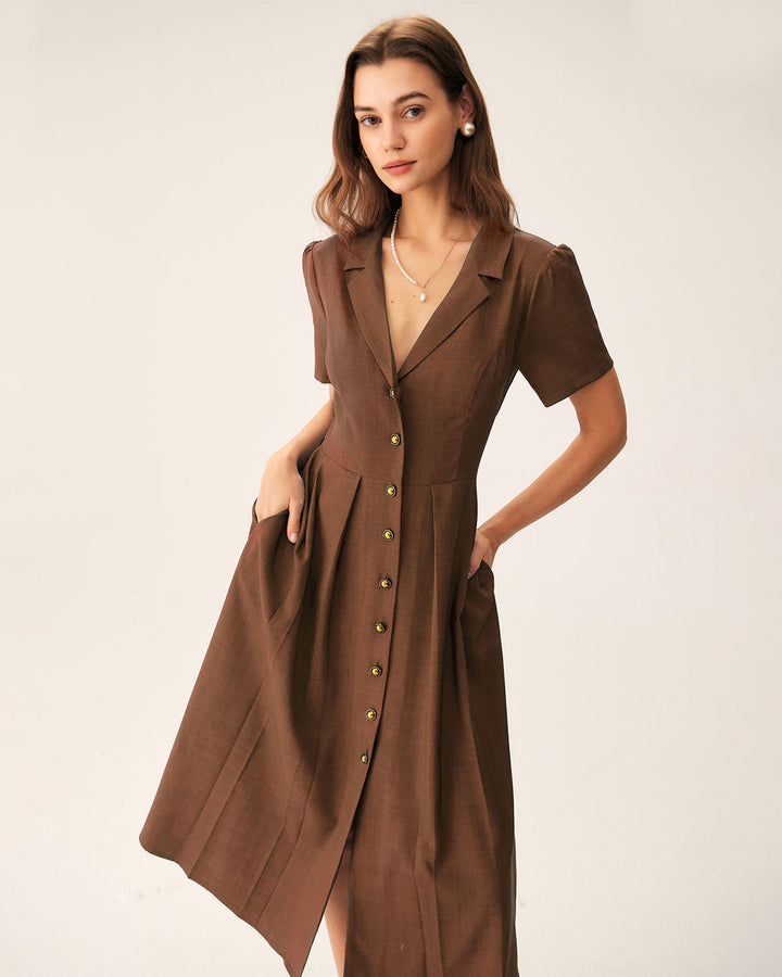 SALE | Brown Pleated A-Line Midi Dress