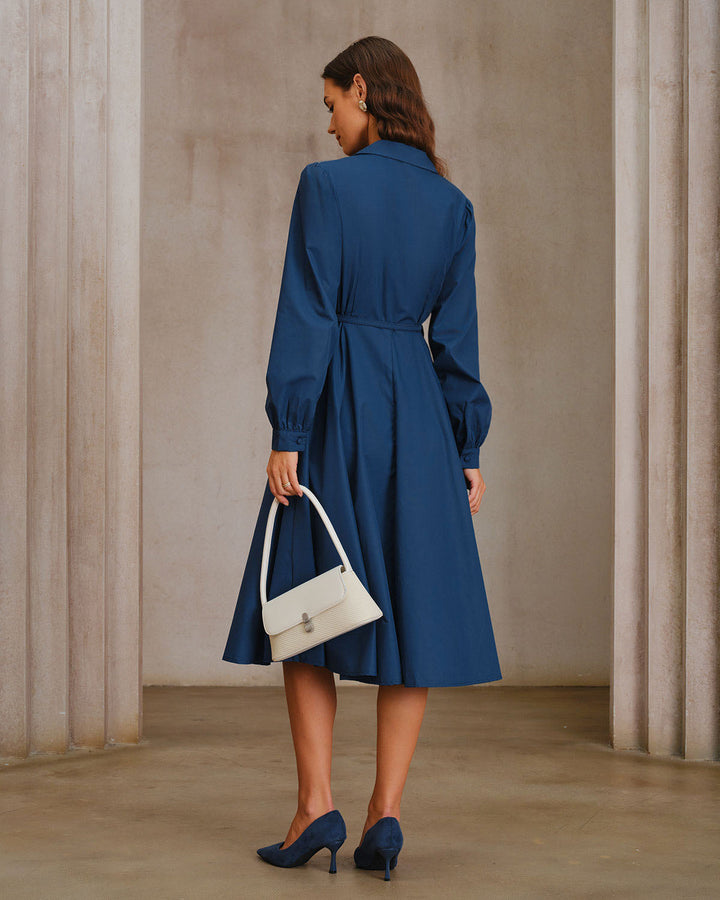 SALE | Blue V-Neck Belt Midi Dress