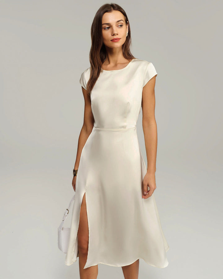 SALE | Beige Satin Cut Out Slit Midi Dress