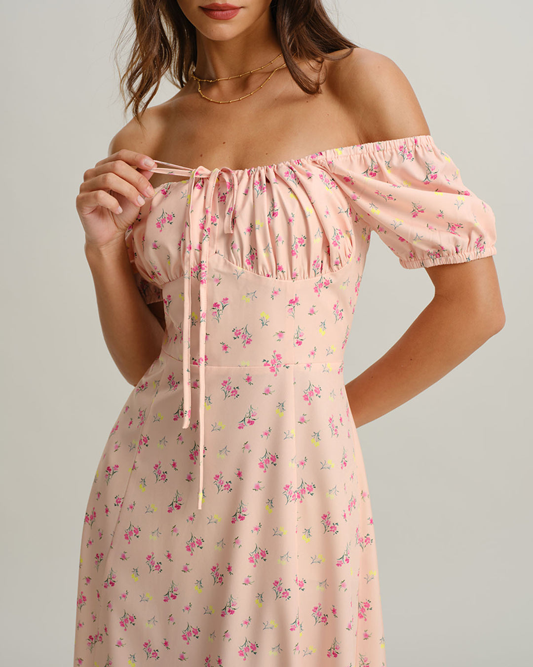 SALE | Pink Floral Square Neck Puffed Sleeve Midi Dress