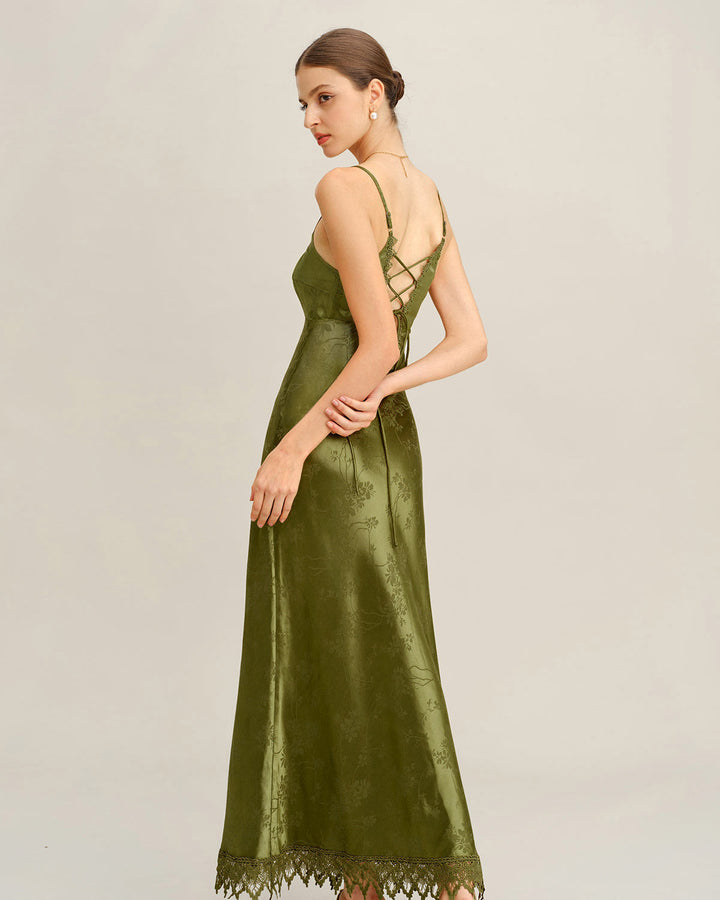SALE | Green Jacquard Corset Slip Maxi Dress