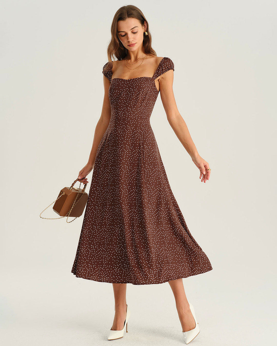 SALE | Brown Polka Dot Cap Sleeve Midi Dress