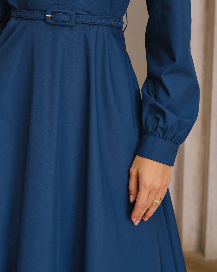 SALE | Blue V-Neck Belt Midi Dress