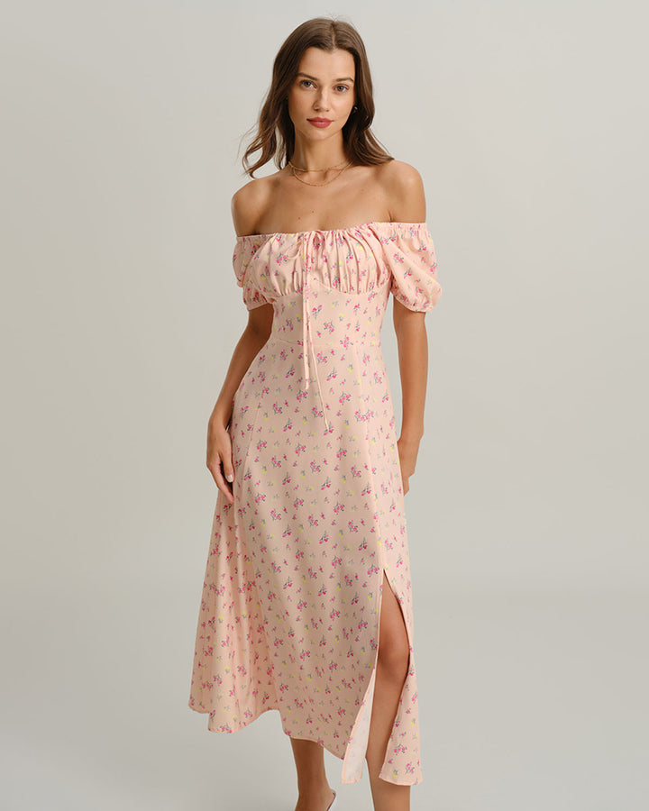 SALE | Pink Floral Square Neck Puffed Sleeve Midi Dress