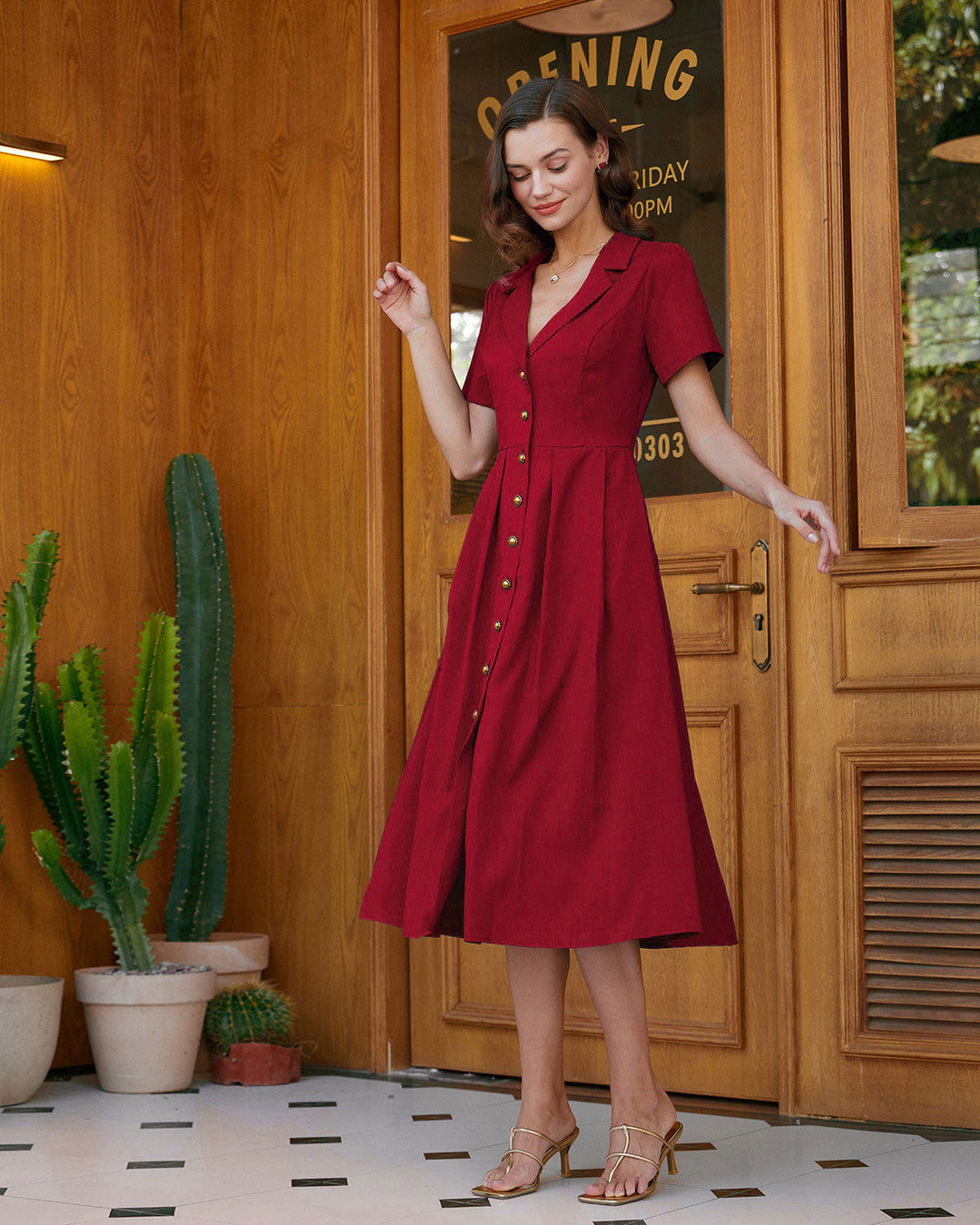 SALE | Red A-Line Pleated Button Midi Dress