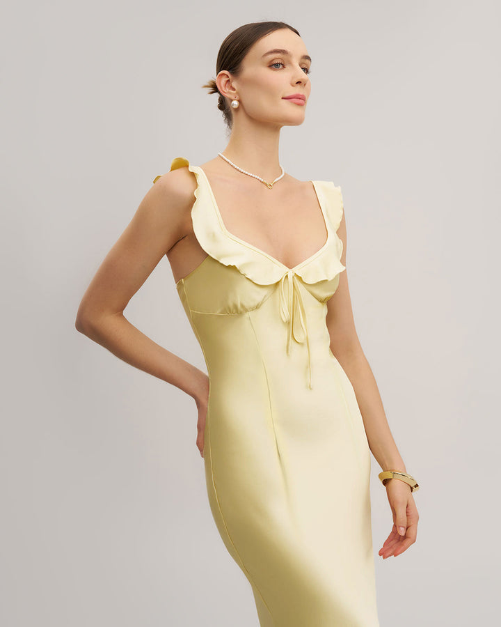 SALE | Yellow V Neck Ruffle Mermaid Midi Dress