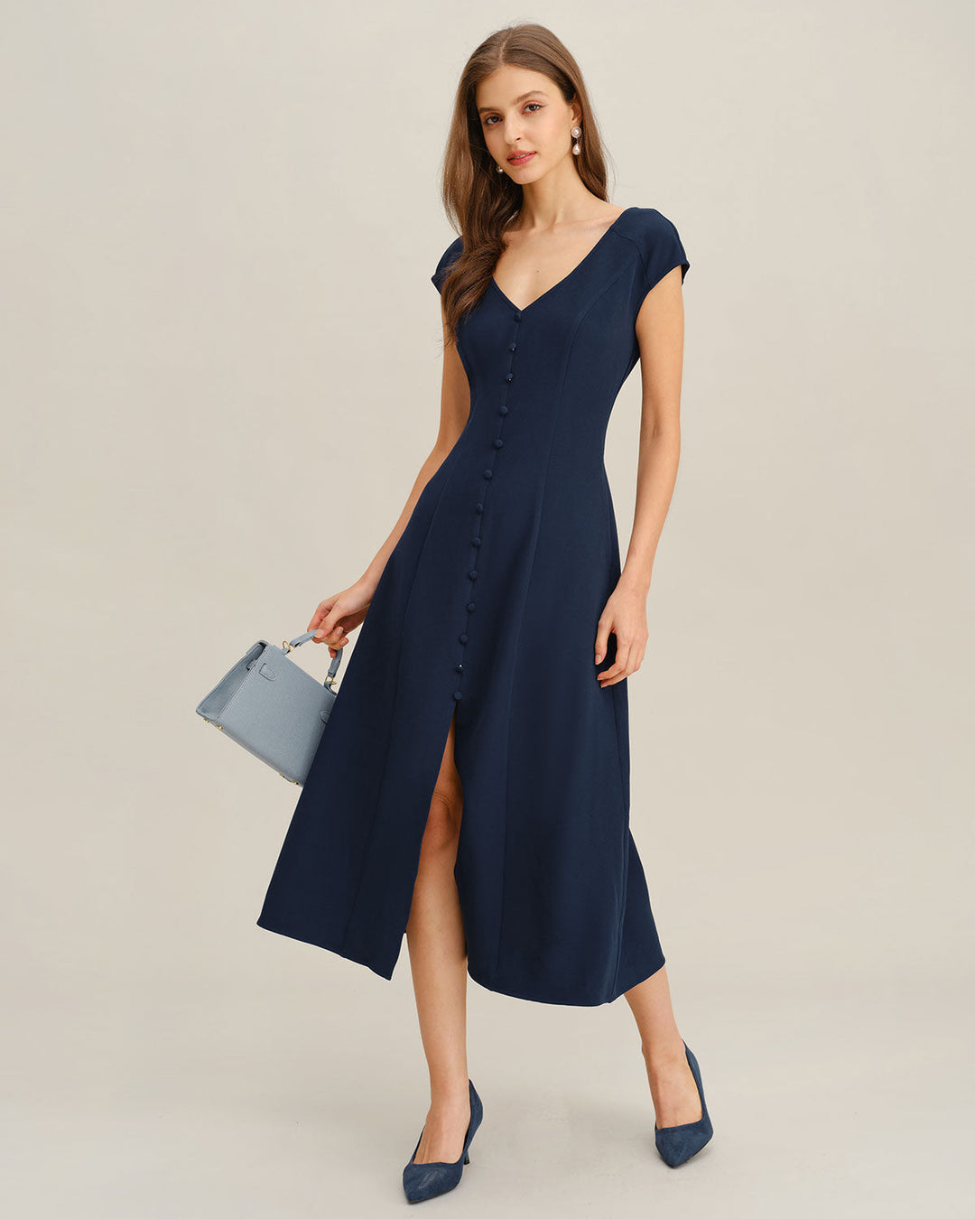 SALE | Navy Cap Sleeve A-Line Midi Dress