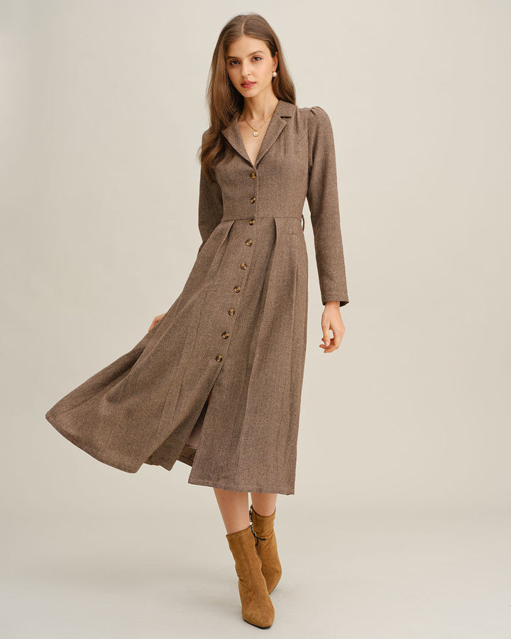 SALE | Brown A-Line Pleated Midi Dress