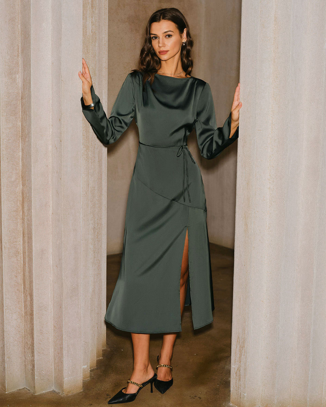 SALE | Green Satin Cowl Neck Slit Midi Dress