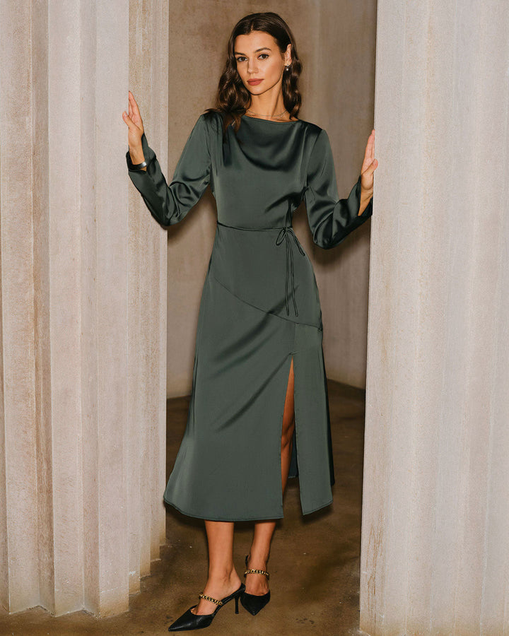 SALE | Green Satin Cowl Neck Slit Midi Dress