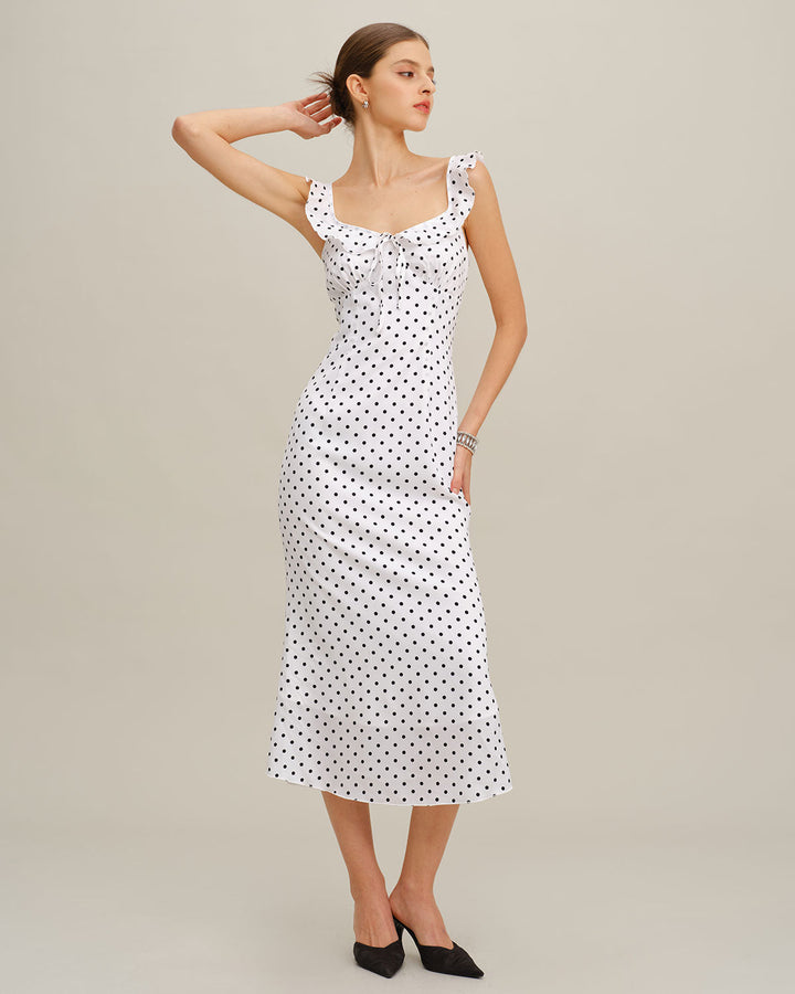 SALE | White Polka Dot Ruffle Midi Dress