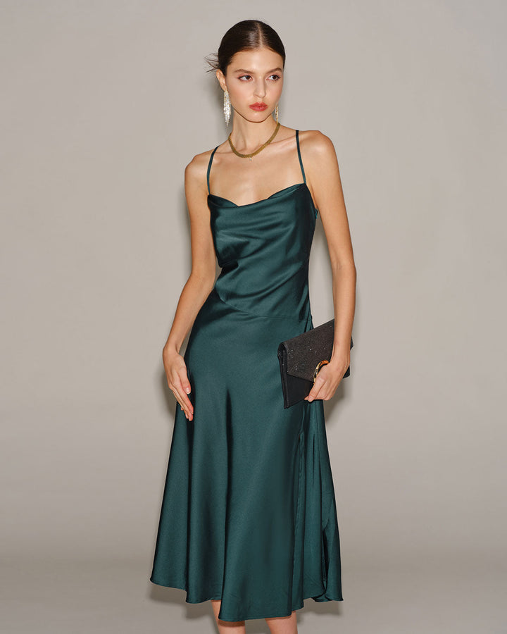 SALE | Green Satin Cowl Neck Slip Midi Dress