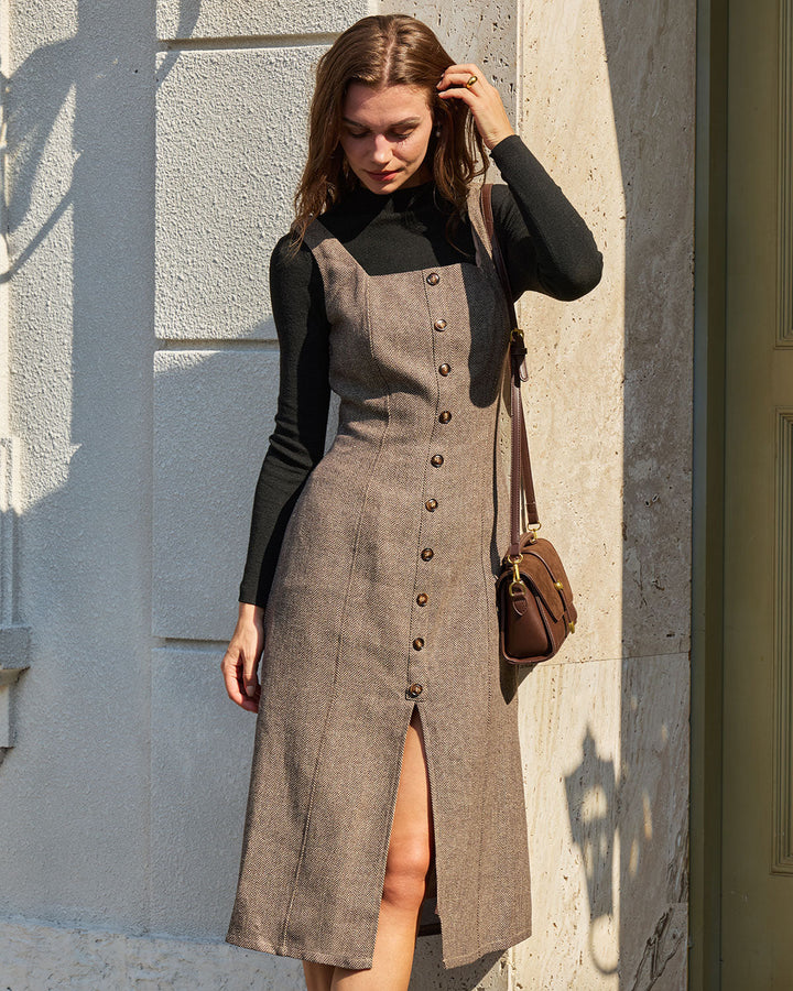 SALE | Brown A-Line Sleeveless Slit Midi Dress