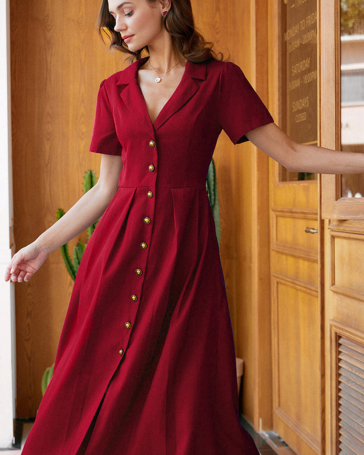SALE | Red A-Line Pleated Button Midi Dress