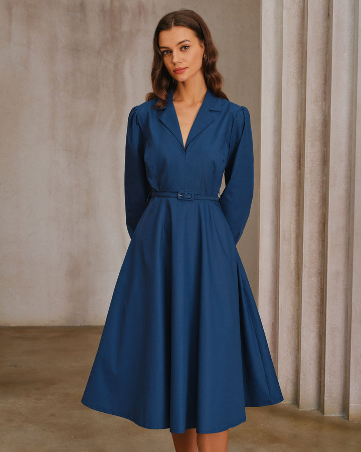 SALE | Blue V-Neck Belt Midi Dress