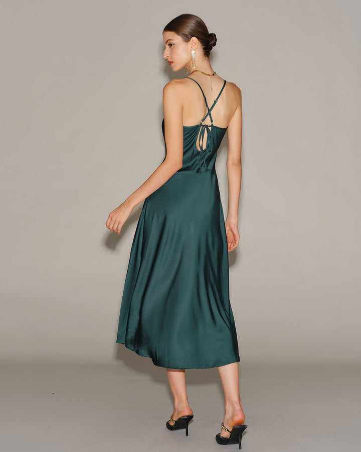 SALE | Green Satin Cowl Neck Slip Midi Dress