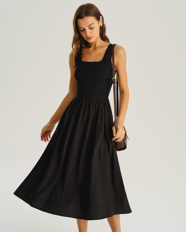 SALE | Black Shirred Sleeveless Midi Dress