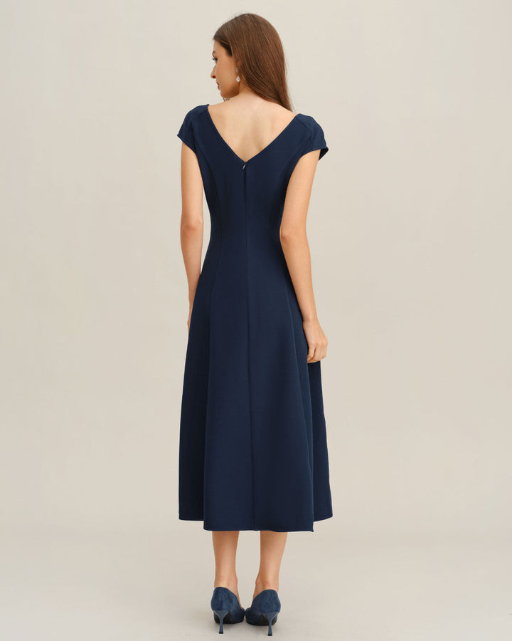 SALE | Navy Cap Sleeve A-Line Midi Dress