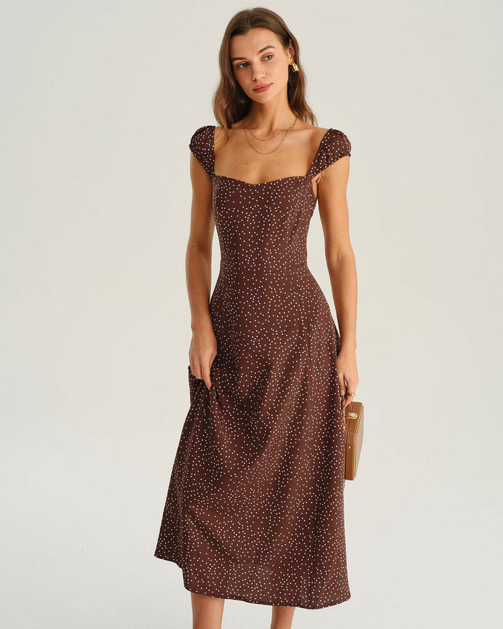 SALE | Brown Polka Dot Cap Sleeve Midi Dress