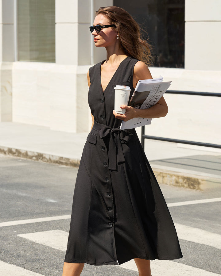 SALE | Black V Neck Belted Sleeveless Midi Dress