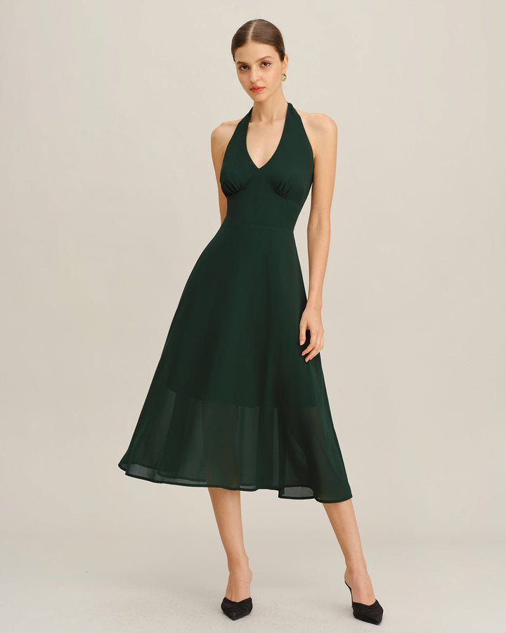 SALE | Green Chiffon A-Line Halter Midi Dress