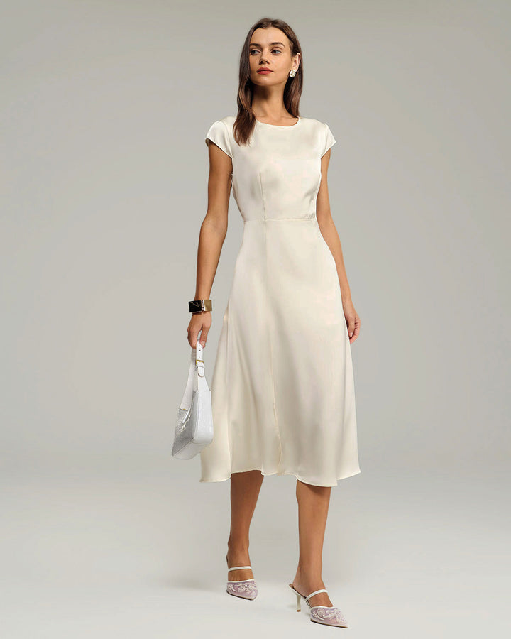 SALE | Beige Satin Cut Out Slit Midi Dress