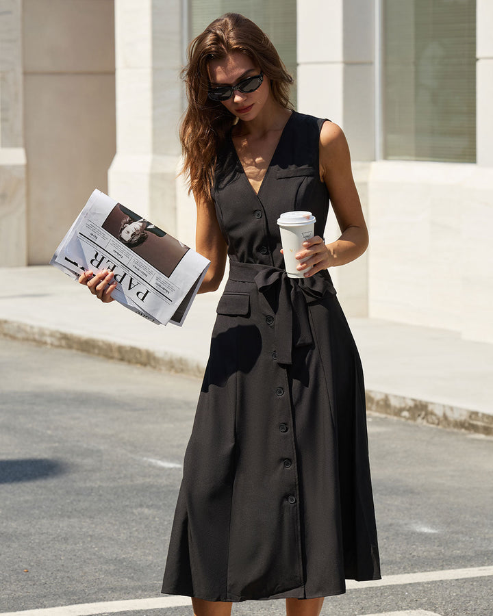 SALE | Black V Neck Belted Sleeveless Midi Dress