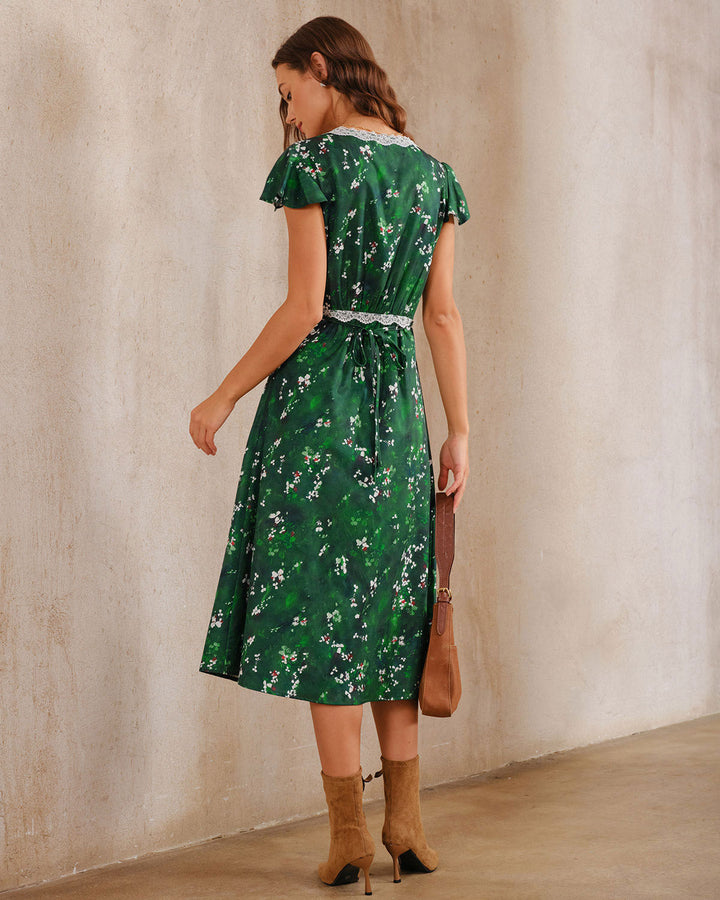 SALE | Green Floral V Neck Ruched Midi Dress