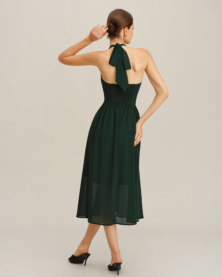 SALE | Green Chiffon A-Line Halter Midi Dress