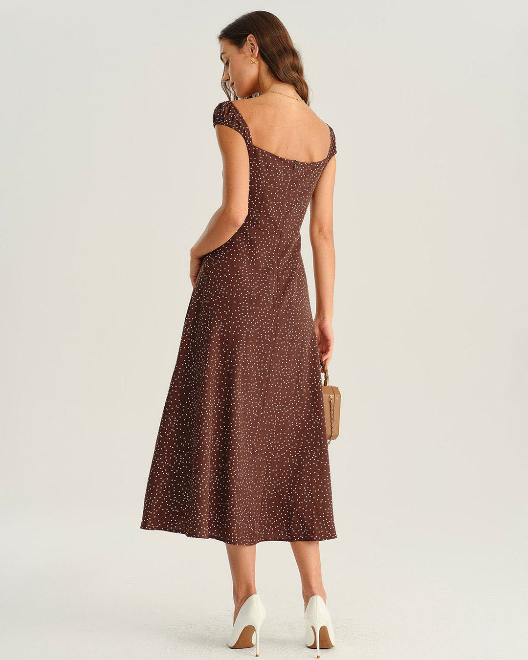 SALE | Brown Polka Dot Cap Sleeve Midi Dress