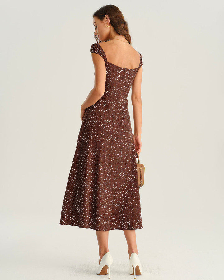 SALE | Brown Polka Dot Cap Sleeve Midi Dress