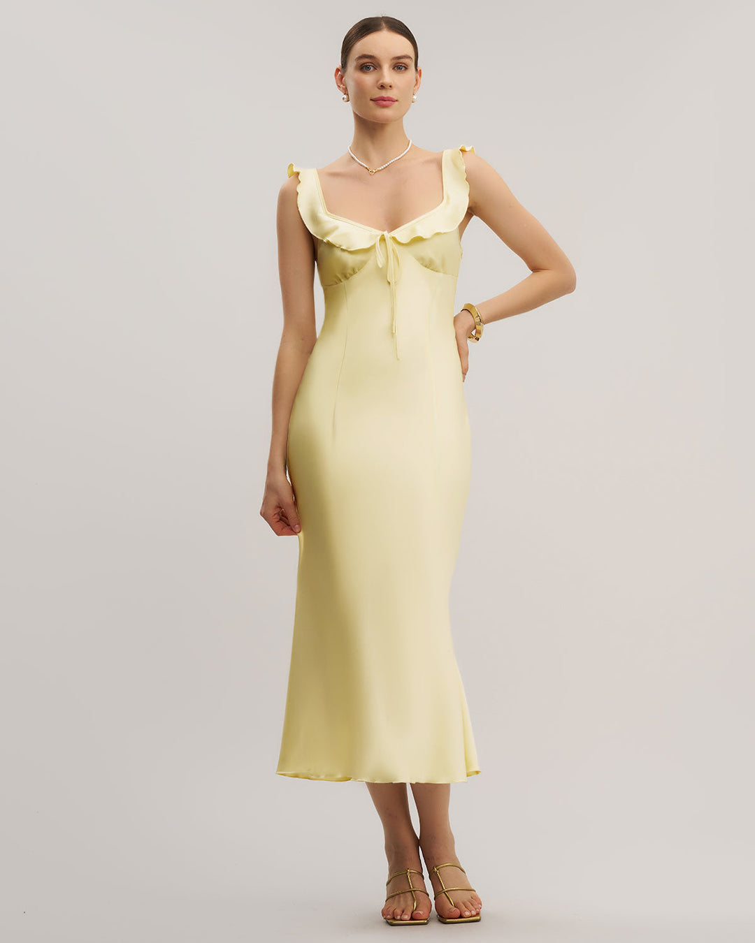 SALE | Yellow V Neck Ruffle Mermaid Midi Dress